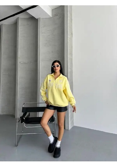 Yarım Fermuarlı Newyork Yazılı Sweat Sarı