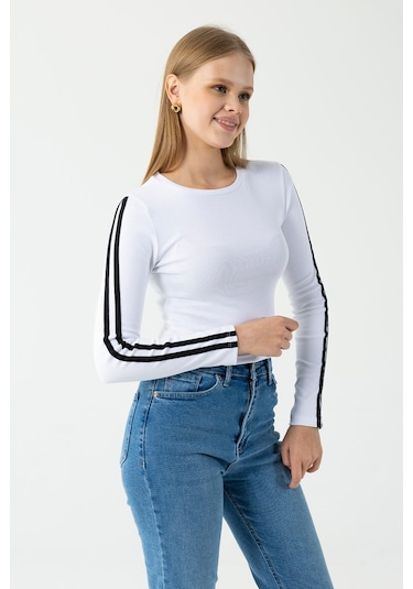 Giysa Kadın Bisiklet Yaka Kolu Biyeli Basic Body Beyaz - Ms0001276 Beyaz