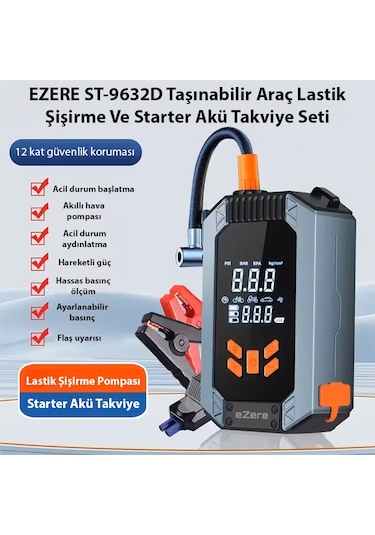 Ezere ST-9632D Taşınabilir Araç Lastik Şişirme ve Starter Akü Takviye Seti