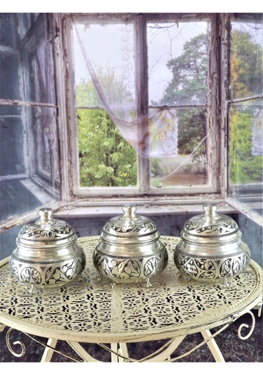 Üçlü Kalaylı Kazılmış Bakır Baharatlık Bakır