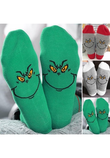 Noel Baba Ve Grinch'in Yer Aldığı 1 Çift Unisex Noel Çorabı. Yeni