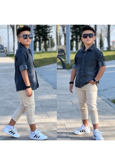 Modavals Tensel Denim Gömlek Gabardin Pantolon Erkek Çocuk Alt & Üst Takım Siyah