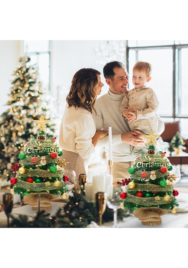 1.5ft Masa Üstü Yıldızlı Noel Ağacı Kırmızı Yeşil Toplar Yeşil