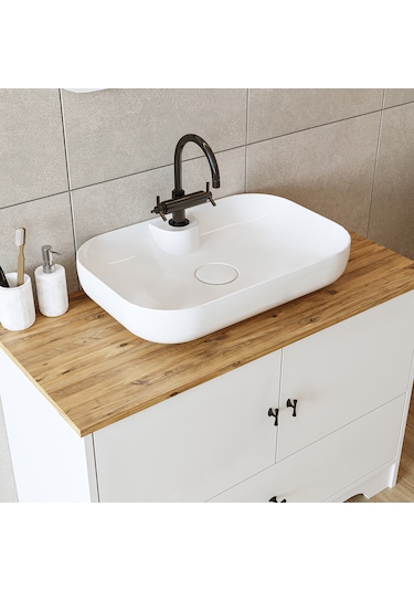 Oval Lavabolu Ayaklı 2 Kapaklı Çekmeceli Mdf 100 Cm Banyo Aria Atlantik Çam - Beyaz