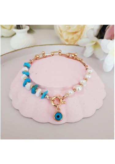 Altın Kaplama Nazar Boncuğu KadınTurkuaz & Sedef Doğal Taş Halhal Çok Renkli