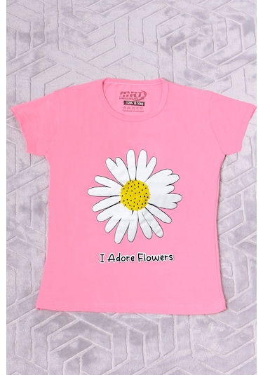 Hçm Kız Çocuk Tshirt Papatya Baskılı Bisiklet Yaka D26 Pembe