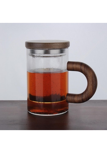 Atby Akasya Doğal Cam Kupa Demleme Çay Bitki Çayı Detoks Bardağı 400ml Ahşap - Şeffaf