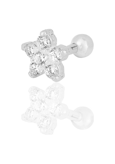 Gümüş Rodyumlu Zirkon Taşlı Papatya Modeli Tragus Helix Piercing Küpe Gümüş