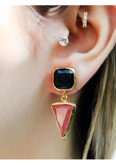 Kare Üçgen Modelli Kedigözü Cam Gold Kaplamalı Kadın Küpe Euku24sp Pembe