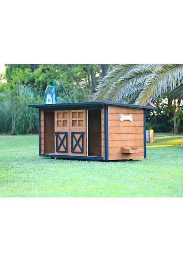 MANDU Ahşap İkiz Köpek Kulübesi (2 yuva tek kulübe) + İsimlik ve