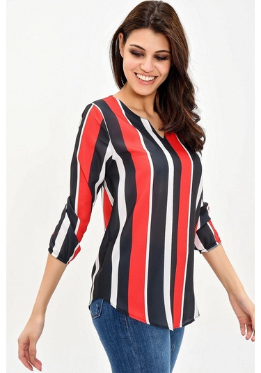 Kadın Lacivert & Kırmızı Yakası Yırtmaçlı Çizgili Krep Bluz Truvakar Kol Kaliteli Dokulu Kumaş Lacivert - Kırmızı
