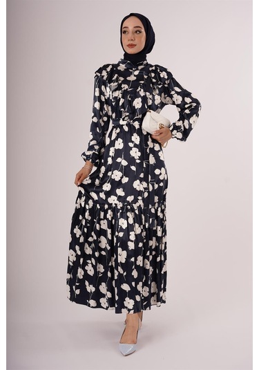 Lacivert Çiçek Motifli Fatma Sezen Elbise Lacivert