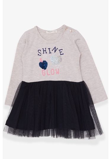 Breeze Kız Çocuk Uzun Kollu Elbise Pullu Yazı Baskılı 1.5-5 Yaş, Bej Melanj