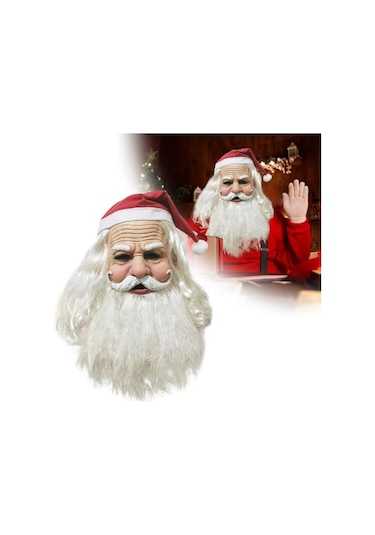 Kırmızı Noel Şapkası Ve Sakallı Lateks Gerçekçi Noel Baba Maskesi