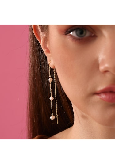 Queen Silver Jewelry 925 Ayar Gümüş. İnci Örme Sallantılı Japon Küpe Altın