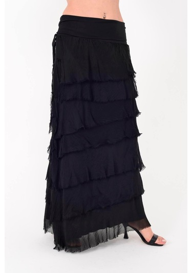 İtalyan 2 Beden Ince Gösteren Kat Kat Ipek Etek & Straplez Elbise Siyah