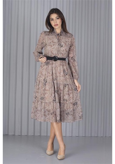 Neşeli Butik Kadın Kemerli Leopar Desenli Yeni Sezon Midi Boy Şifon Elbise Apcx04 Bej