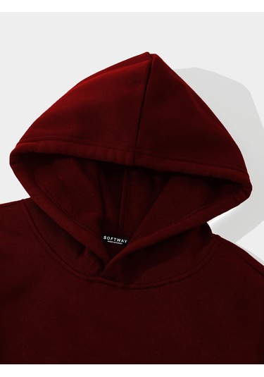 Unisex Colorful Hair Baskılı Kapüşonlu İçi Yumuşak Polarlı Oversize Sweatshirt - Bordo Bordo