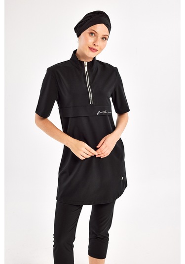 Kısa Kollu Spor Likra Yarı Kapalı Mayo Yetta 1603 Siyah Siyah