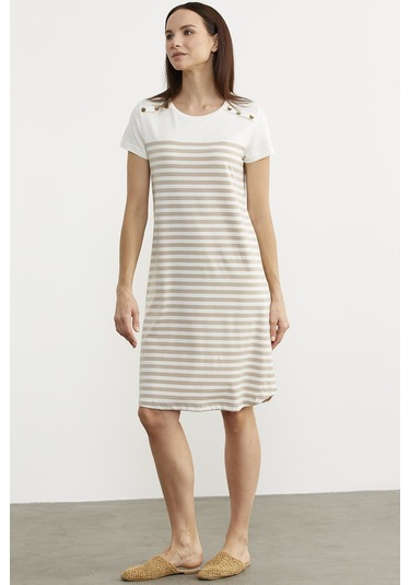 Düğme Detaylı Çizgili Penye Elbise - Vizon 001