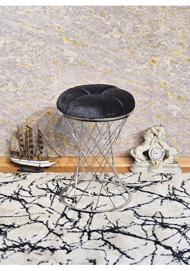 Yuvarlak Krom Kaplama Krem Puf Oturak - Bench - Ayak Ucu Oturak - 001