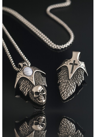 Turkuaz Taşlı Paslanmaz Çelik Gotik Kafatası Ve Haç Kolye Gümüş