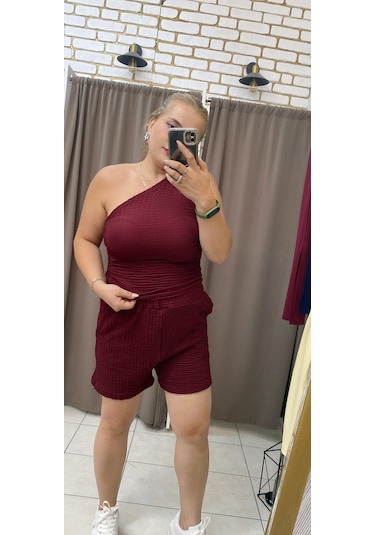 Tuba Toptaş Gofre Şort Lastikli Bel Bordo