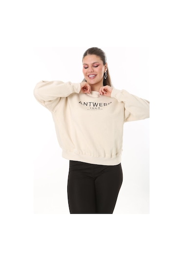 Kadın Büyük Beden Bej İçi Şardonlu Kumaş Ön Baskılı Sweatshirt 65n37719-bej Bej