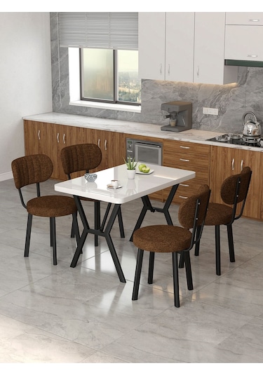 Azra 70x110cm Beyaz Mutfak Masası, Mutfak Masası Takımı, Yemek Masası, 4 Kahverengi Sandalye Kahverengi
