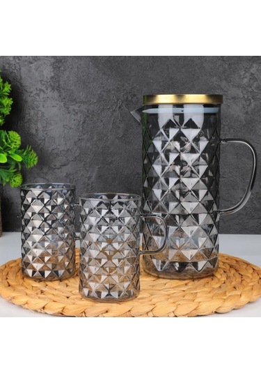 Arow Sole 2 Bardaklı Borosilikat Cam Sürahi Takımı Gri 1300 Ml Tr-3987