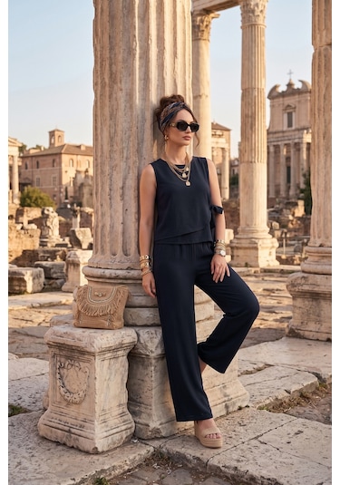 Lela Regular Fit Bağlama Detaylı Bisiklet Yaka Takım Bayan Takım 5866466 Lacivert