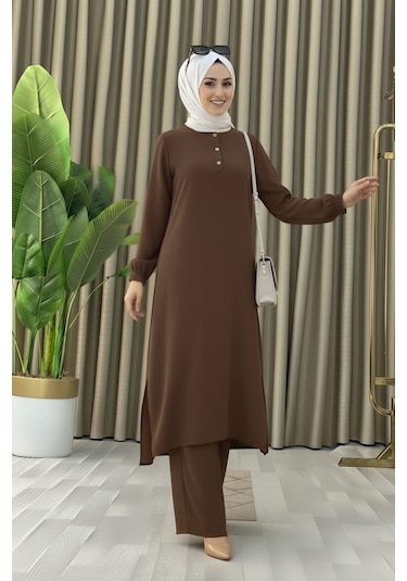 Tesettür İkili Takım Uzun Tunik Bol Paça Pantolon 4006-kahve Kahverengi