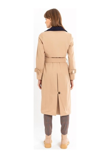 Pastelastore Pamuk Gabardin Uzun Çift Renk Garnili Kadın Trençkot 1114 Açık Bej