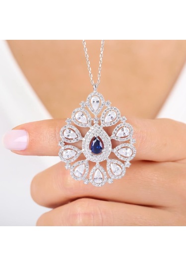 Mia vento Pırlanta Montür Sentetik Safir Kraliyet Nişanı Gümüş Kolye