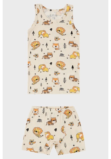 Lela Desenli Streç Pamuklu Bisiklet Yaka Atlet Boxer 2'Li Iç Giyim Erkek Çocuk Takım 6651010 Bej