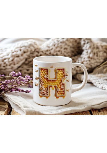 H Harfi Bal Arısı Tasarım Kupa Bardak - Bal Ve Petek Desenli Kişiye Özel Kahve Kupası - Hediyelik Beyaz