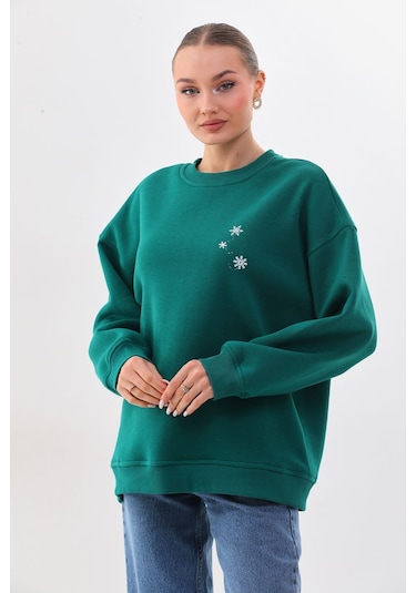 Kallima Oversize Baskılı İçi Polarlı Yeşil Kadın Sweatshirt Yeşil