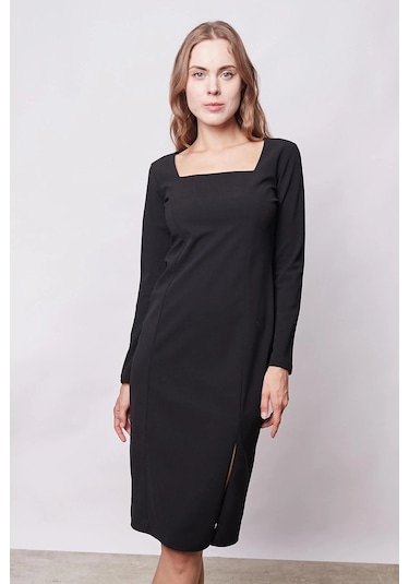 Kadın Likralı Krep Kumaş Kare Yaka Önden Yırtmaçlı Uzun Kol Diz Altı Ofis Elbise-siyah Siyah