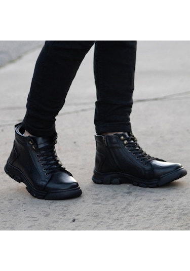 Ghattix Lass Kışlık Hakiki Deri Erkek Bot Fermuarlı Siyah Siyah