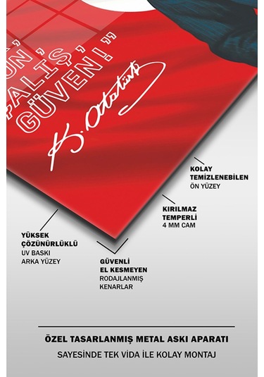 Atatürk Ve Türk Bayrağı Özel Tasarım Yatay Cam Tablo