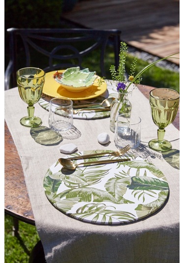 6'lı Tropical Garden Duck Keten Supla Amerikan Servis Beyaz - Yeşil