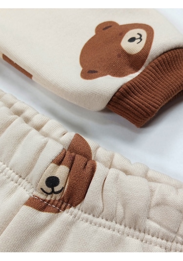 Ayıcık Desenli Kapüşonlu Bebek Alt Üst Takım Bej - Kahverengi
