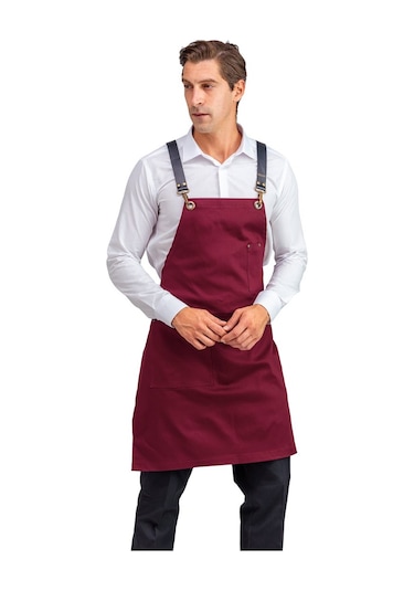 Barista Tek Cepli Bordo Deri Askılı Önlük
