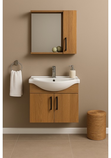 Lacrime 65 Cm Ahşap Renkli Mdf, Oval Seramik Lavabolu, Alt Ve Üst Ahşap