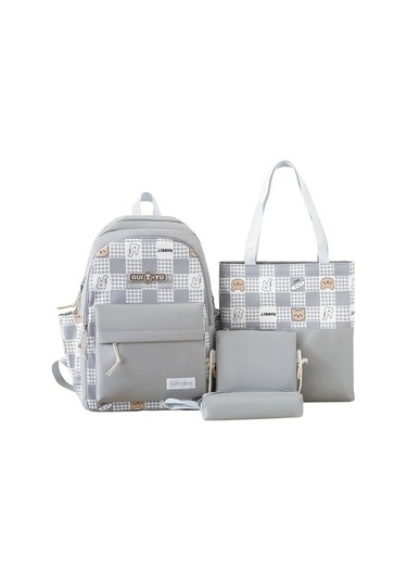 Novahub Dört Parçalı Sırt Çantası Seti Çizgi Film Renk Bloğu Kadın Sırt Çantası Ortaokul Öğrenci Okul Çantası Gri Gri