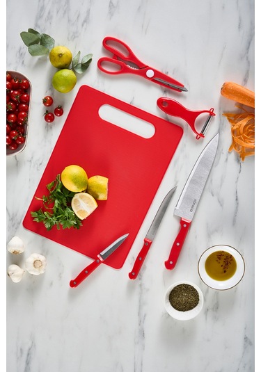 Karaca Sharp 6 Parça Kesme Tahtalı, Makaslı Bıçak Seti Kırmızı Kırmızı