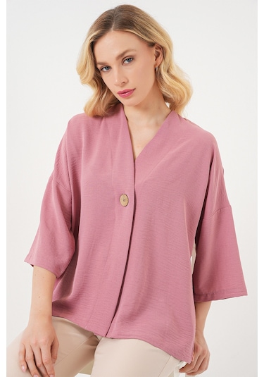 Bigdart Kadın Kısa Kol Oversize Kimono 5969 - Gülkurusu