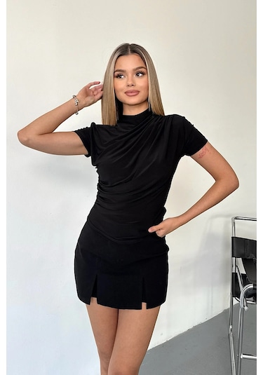Giysa Kadın Dik Yaka Büzgü Detaylı Bluz Siyah - 25y 2417 Siyah