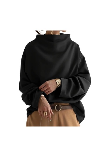 Tua Moda Kadın Uzun Kollu Geniş Balıkçı Yaka Modal Bluz Siyah