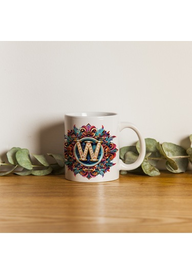 W Harfi Boho Bardak, Renkli Özel Tasarım Hediyelik Harfli Kupa, 330ml Porselen Beyaz